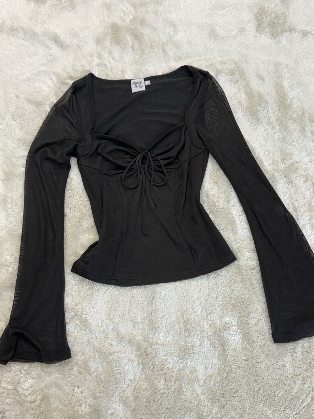 Princess Polly Black Mesh Sweetheart Tie Front Bell Long Sleeve Top Size 6